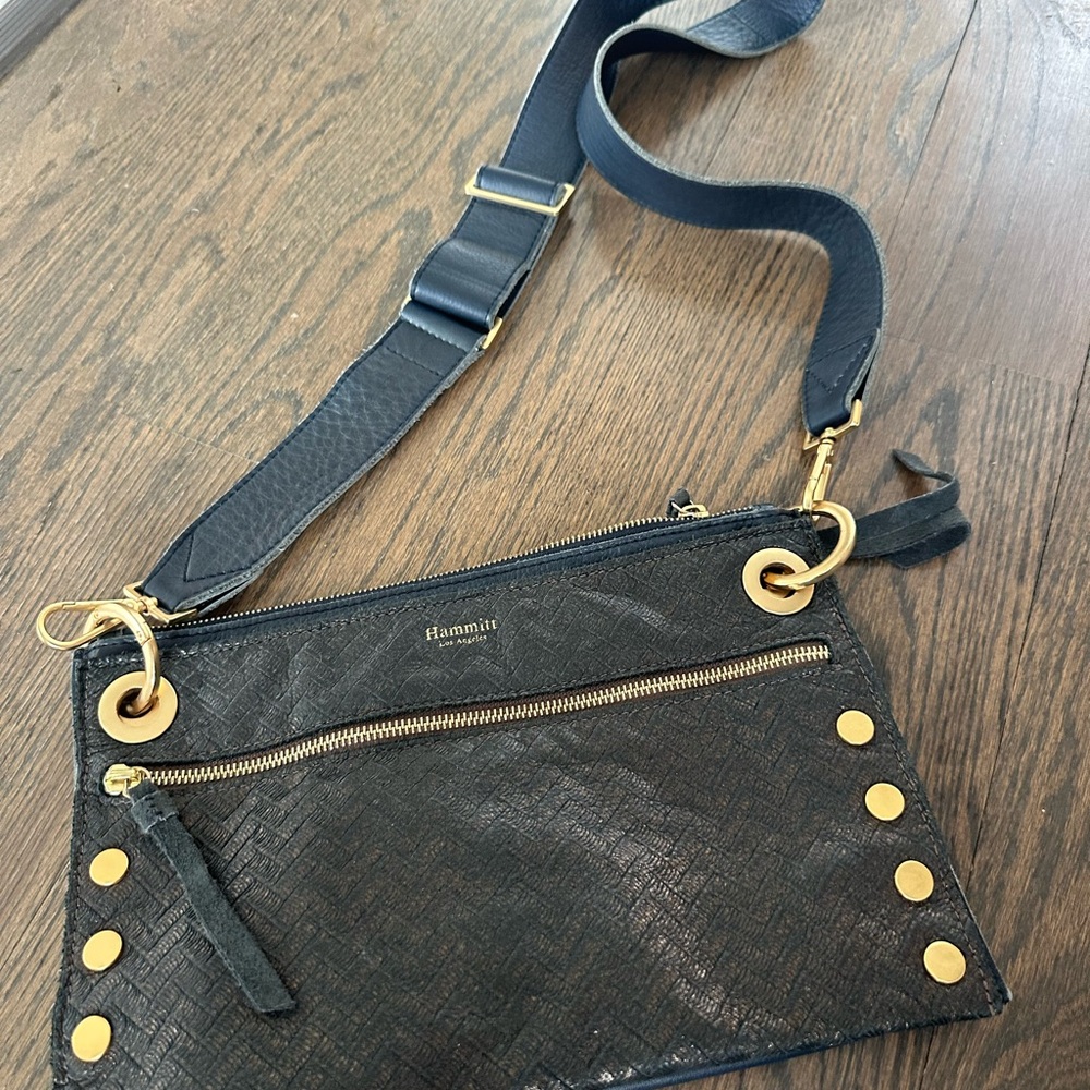 Hammitt Textured Navy Crossbody Bag with Gold Details